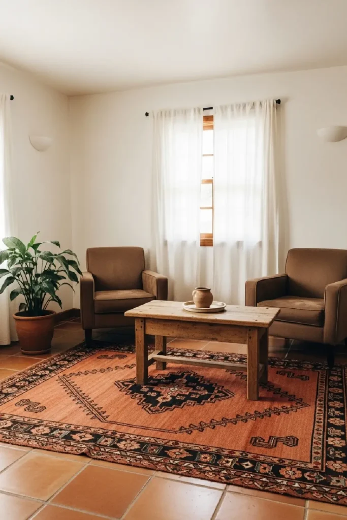 Earthy living room with terracotta rug