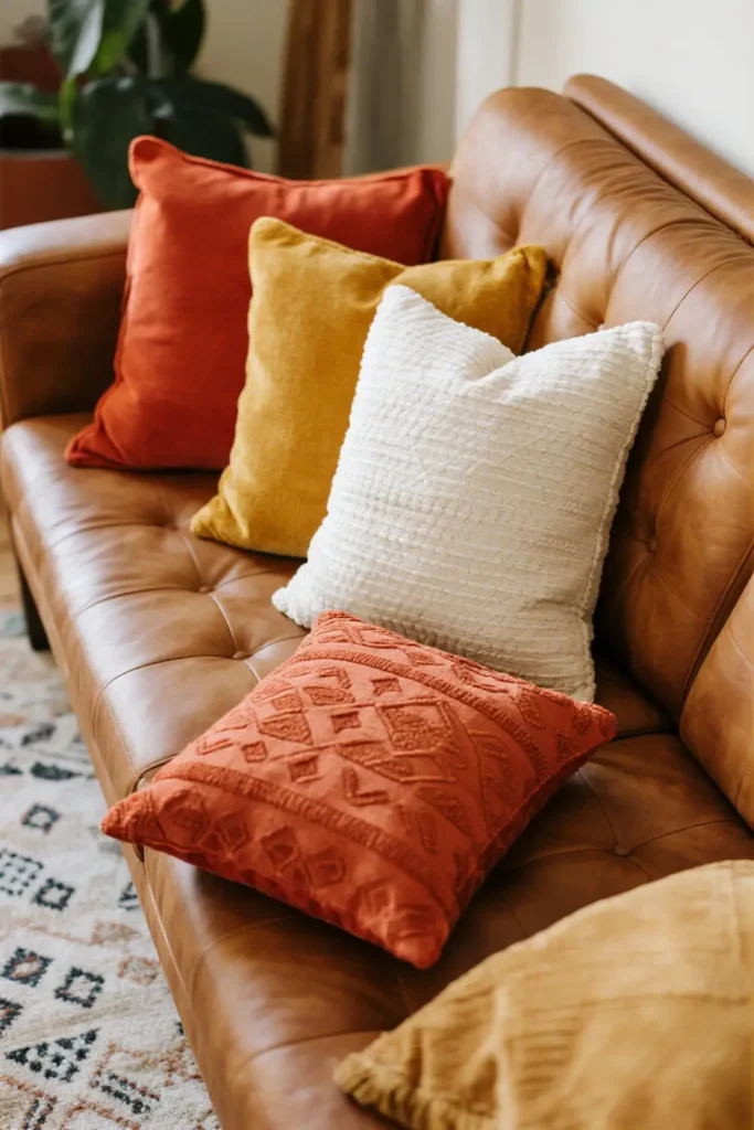Earth-toned pillows on leather couch