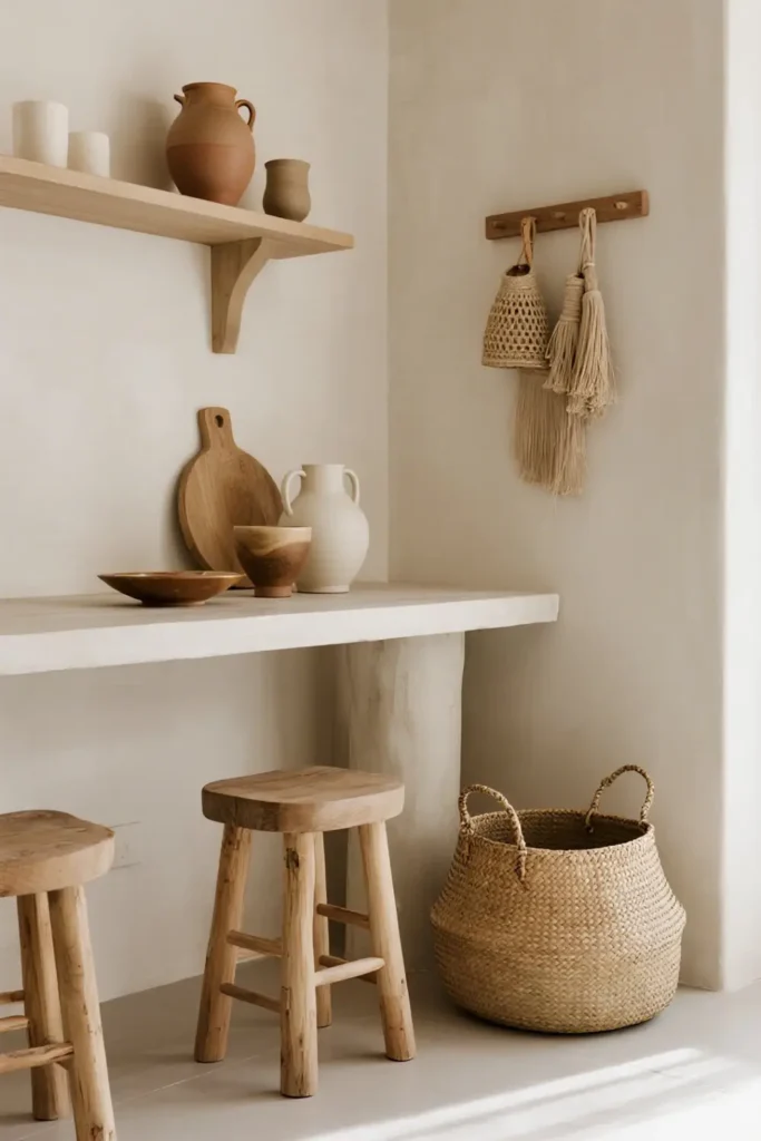 Natural woven baskets and earthy decor