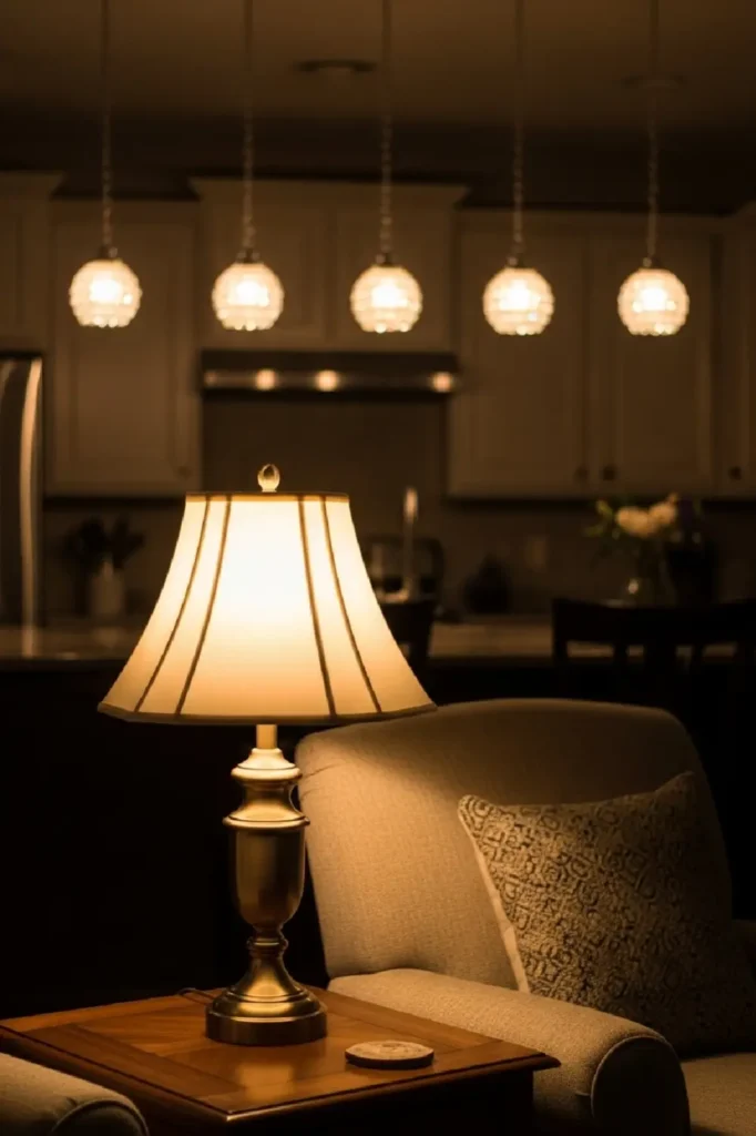 Warm brass lamp and crystal pendants