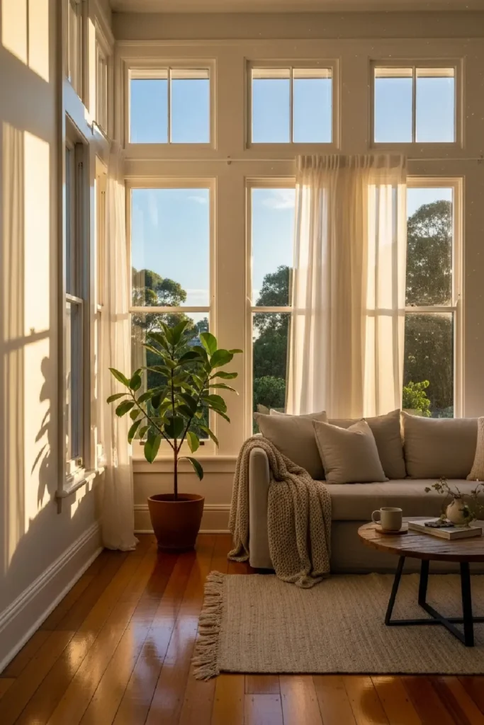 Sunlit room with sheer curtain glow