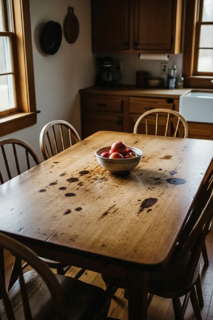 Weathered wooden kitchen table with history