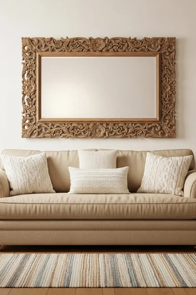 Ornate vintage mirror above beige couch
