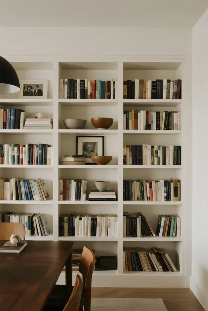 Floor-to-ceiling white shelves with books and decor