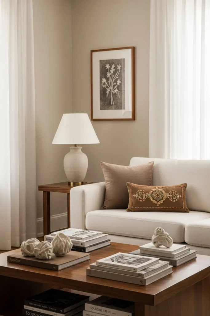 Cozy beige living room with warm tones