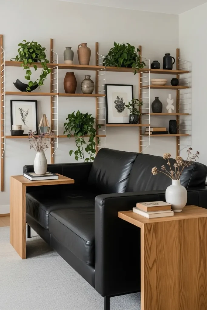 Natural wood tables and shelves warmth