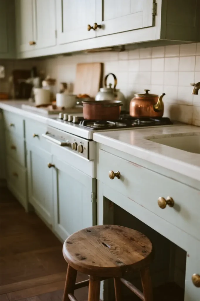 Weathered kitchen cabinets with brass handles