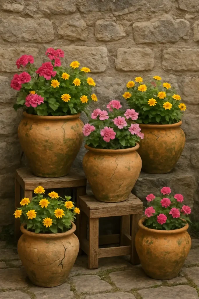 Weathered Pots with Bright Blooms