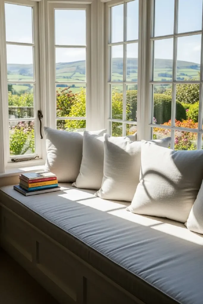 Cozy window bench with sunlit pillows