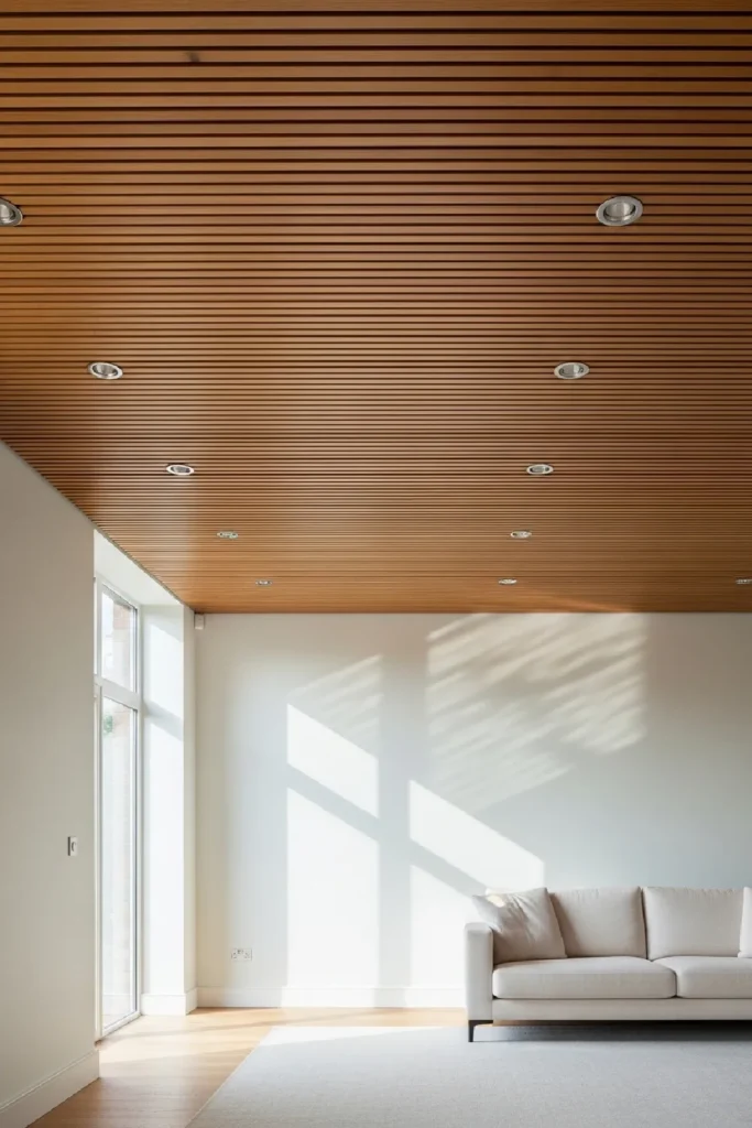Warm oak wood slat ceiling design