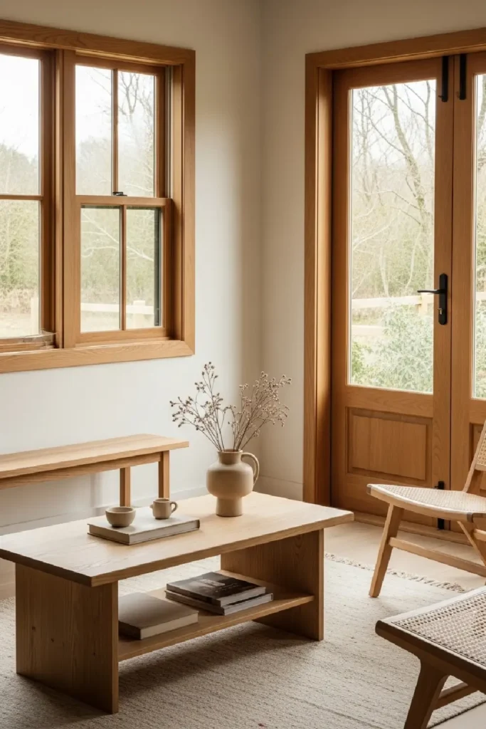 Warm wood accents in calm space
