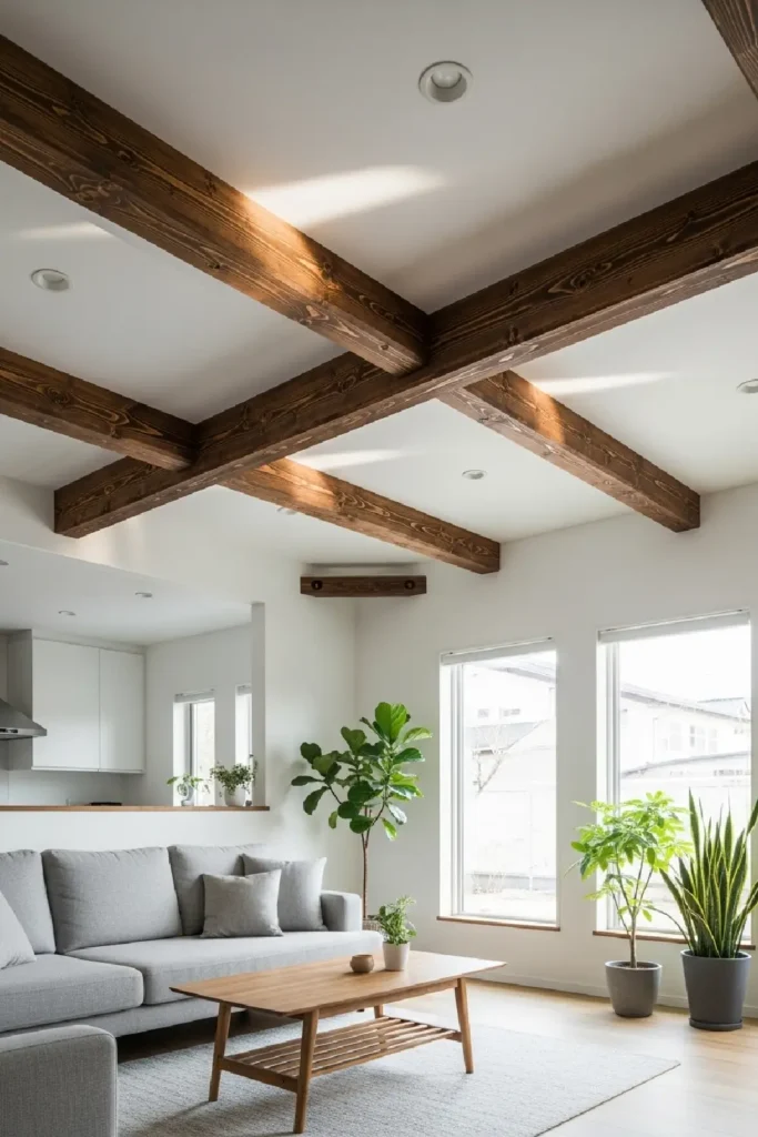Dark wooden beams on pale ceiling