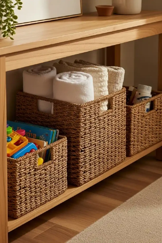Wicker baskets organizing living room storage