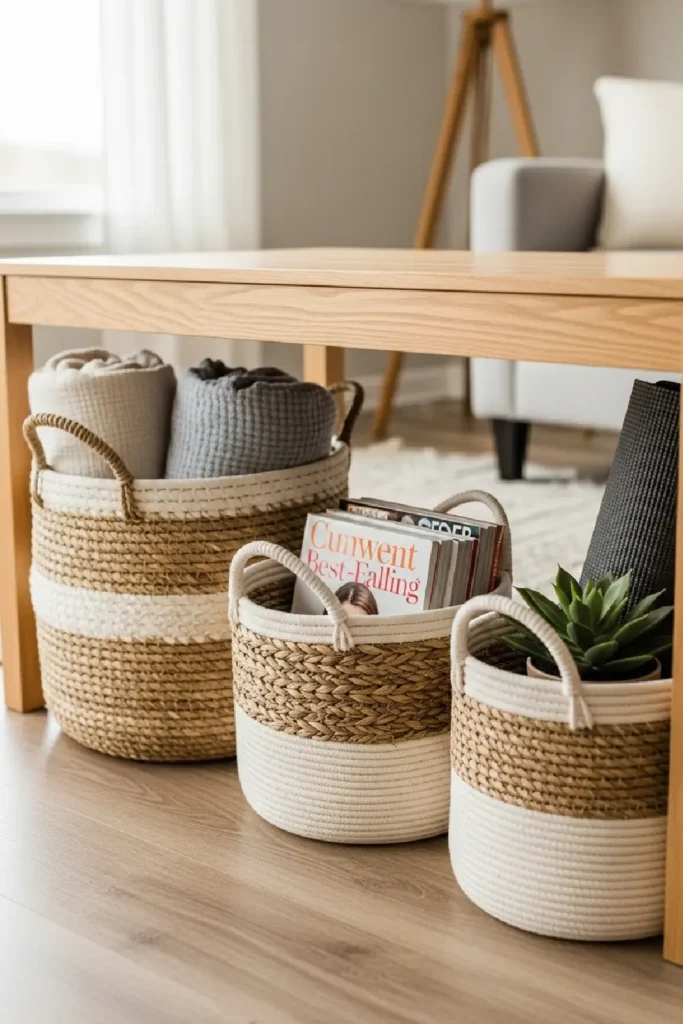 Woven storage baskets under table