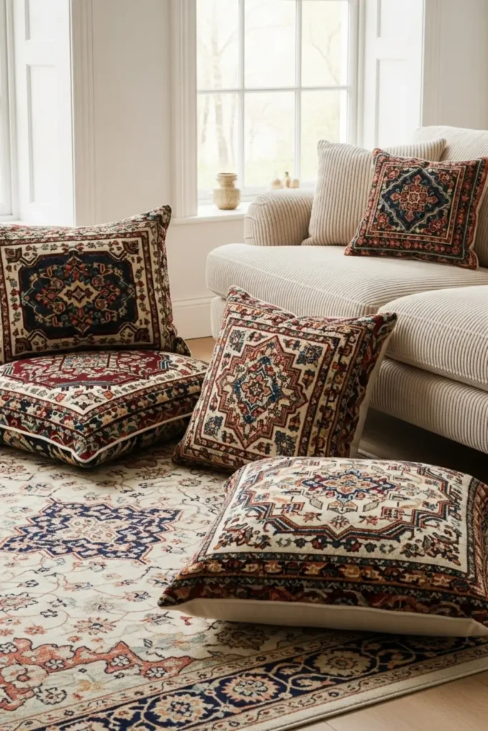 Jewel-toned floor cushions invite cozy, casual gatherings