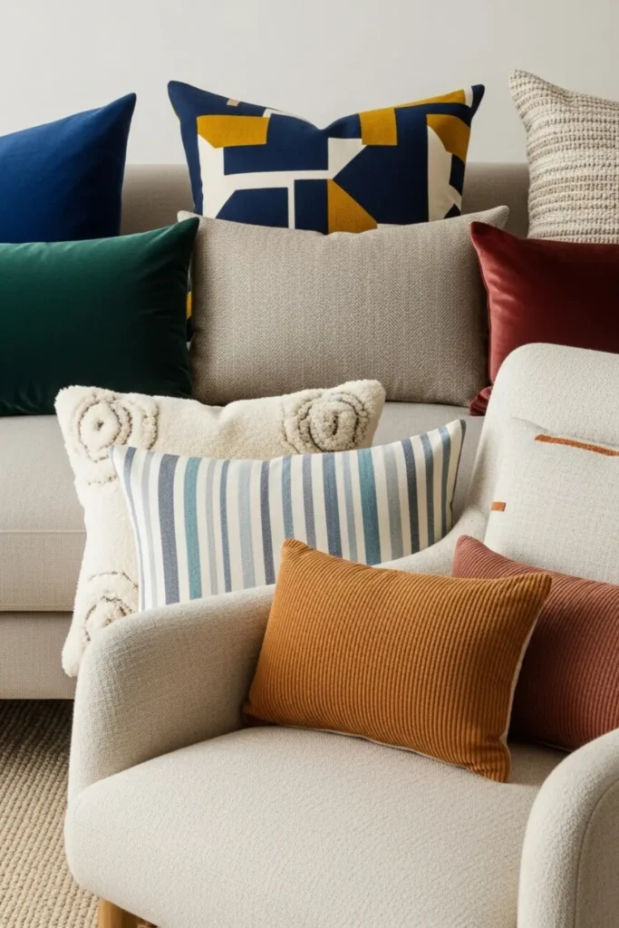 Soft velvet and textured pillows add cozy contrast