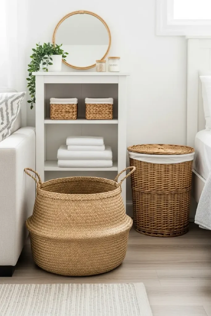 Woven baskets add warmth and storage