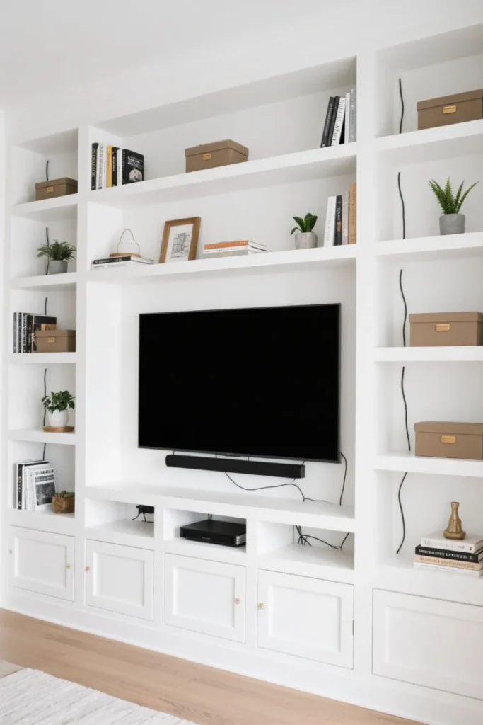 White built-ins frame TV with books and decor.