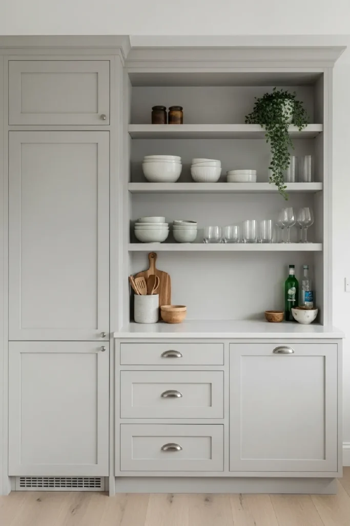 Seamless built-in storage with open shelves