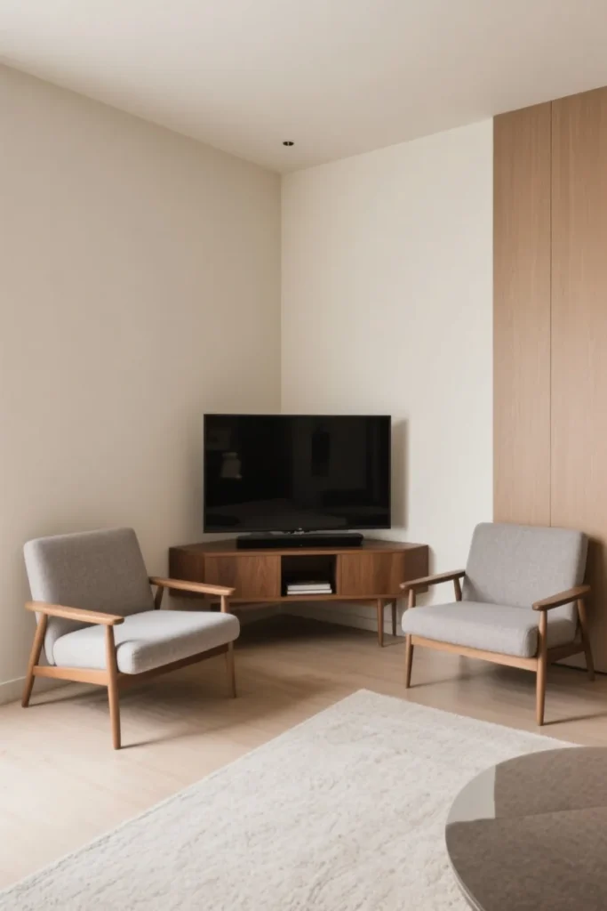 Corner-mounted TV with angled stand and seating nearby