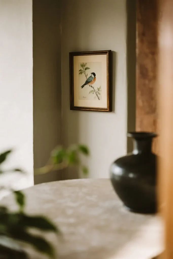 Tiny bird watercolor framed in room corner