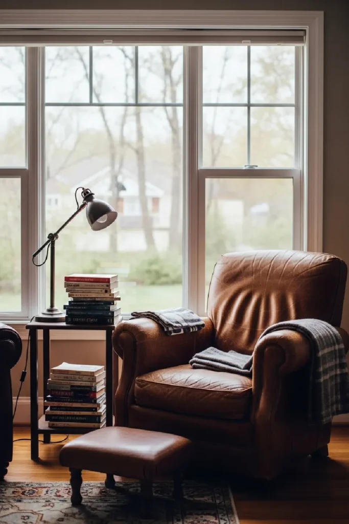 Cozy reading nook with leather chair