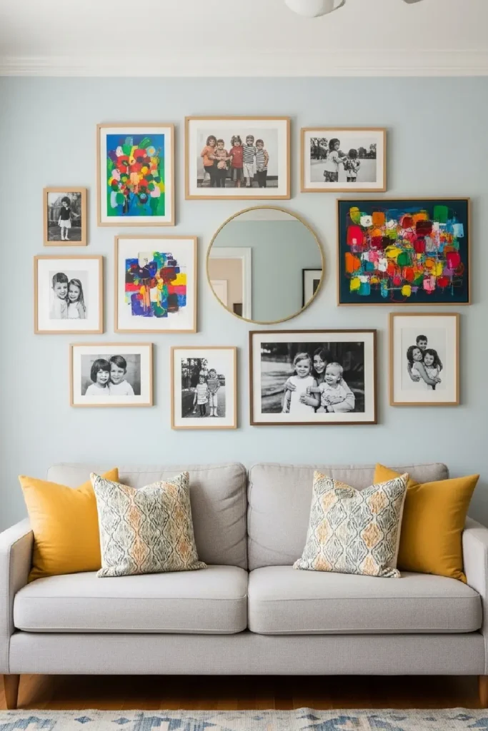 Eclectic wall art and photos create personal story