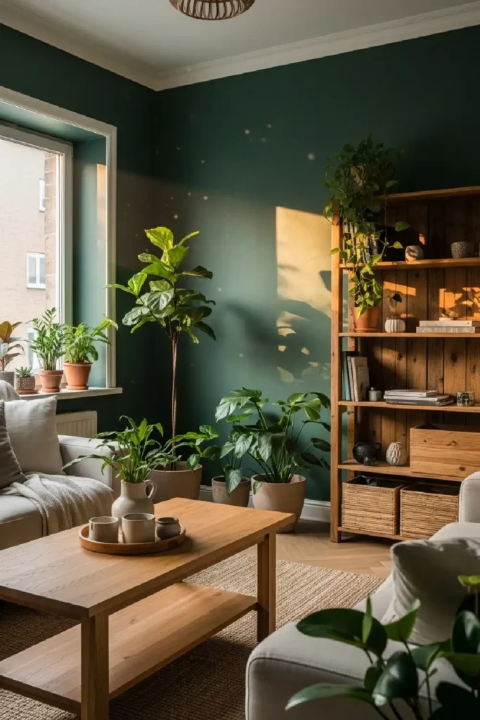 Deep green walls with natural wood