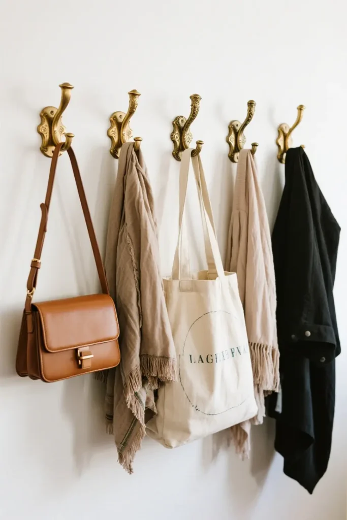 Decorative brass hooks holding bags and coats