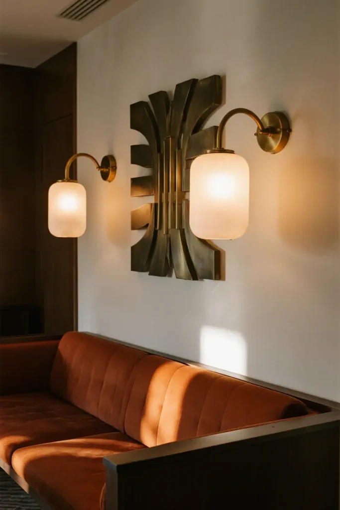 Brass wall sconces with frosted glass shades