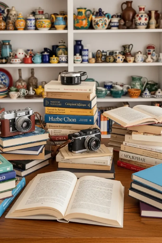 Books, vintage camera, and souvenirs create lived-in charm