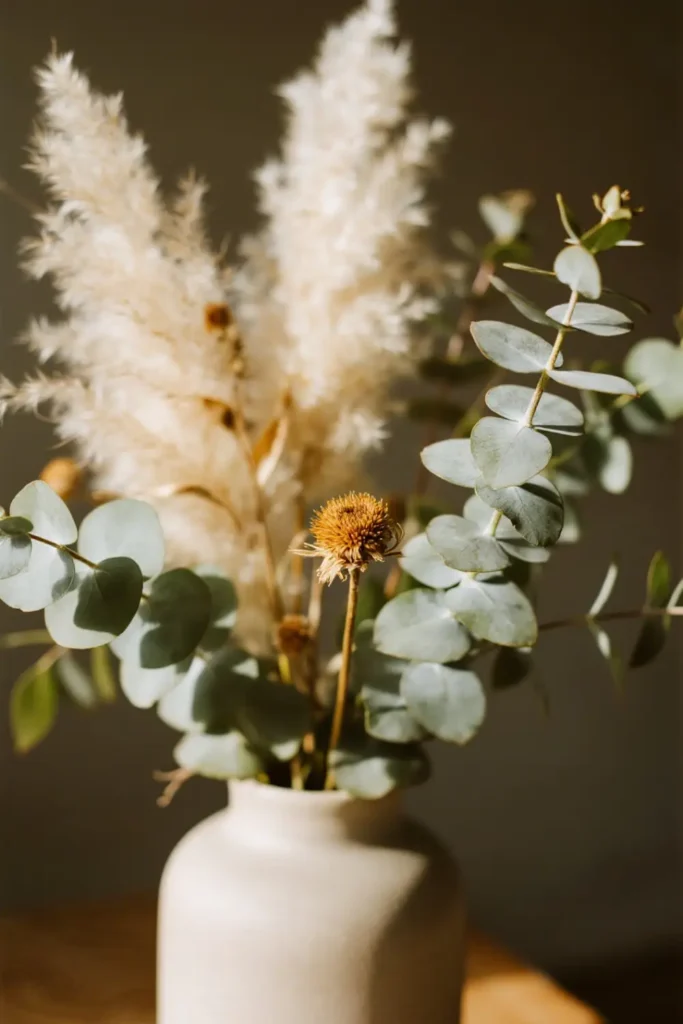 Dried eucalyptus and pampas grass in vase