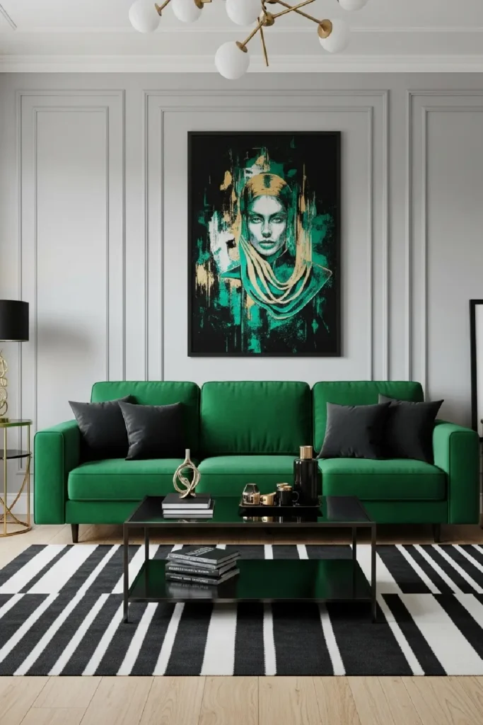 Emerald green sofa with black pillows in stylish room