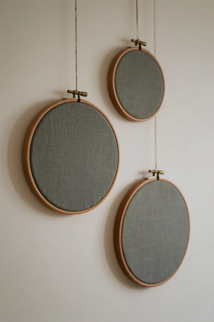 Gray fabric art in wooden embroidery hoops