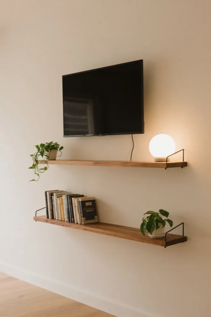 Floating shelves with books and plants around mounted TV