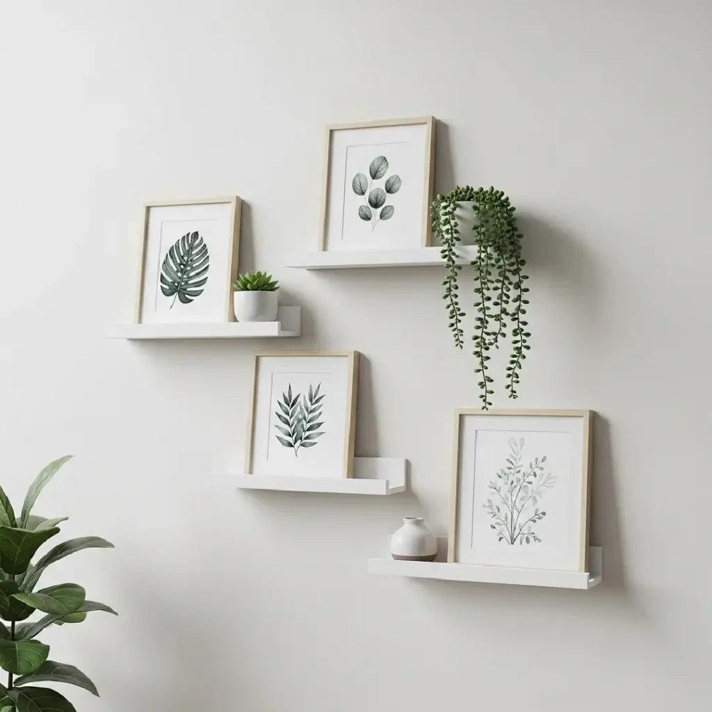 Staggered white shelves with art and plants
