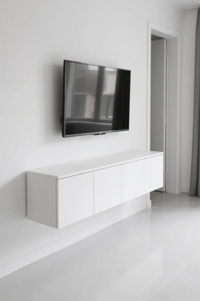 Floating white console with hidden storage beneath mounted TV