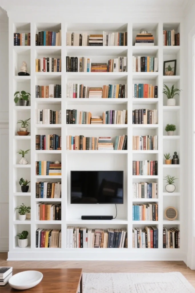 Tall white shelves frame TV, filled with books and plants
