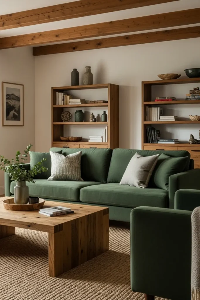 Forest green couch with wood beams and decor