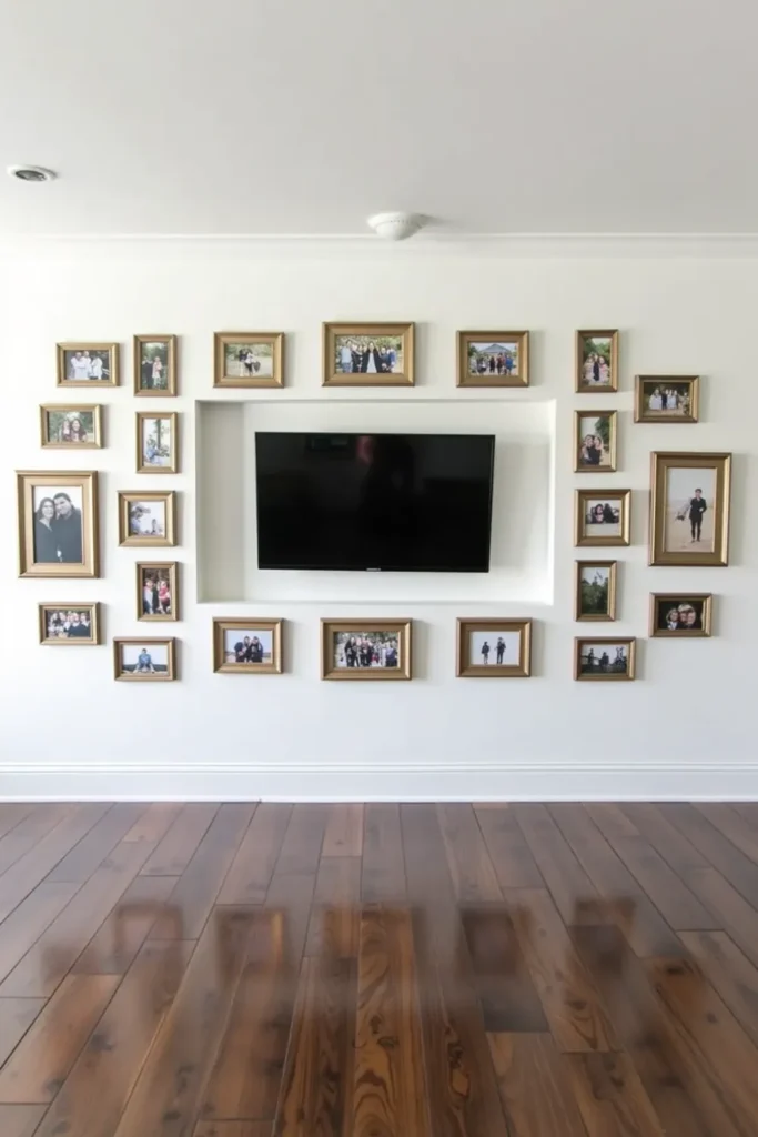 TV framed by family photos in balanced arrangement.