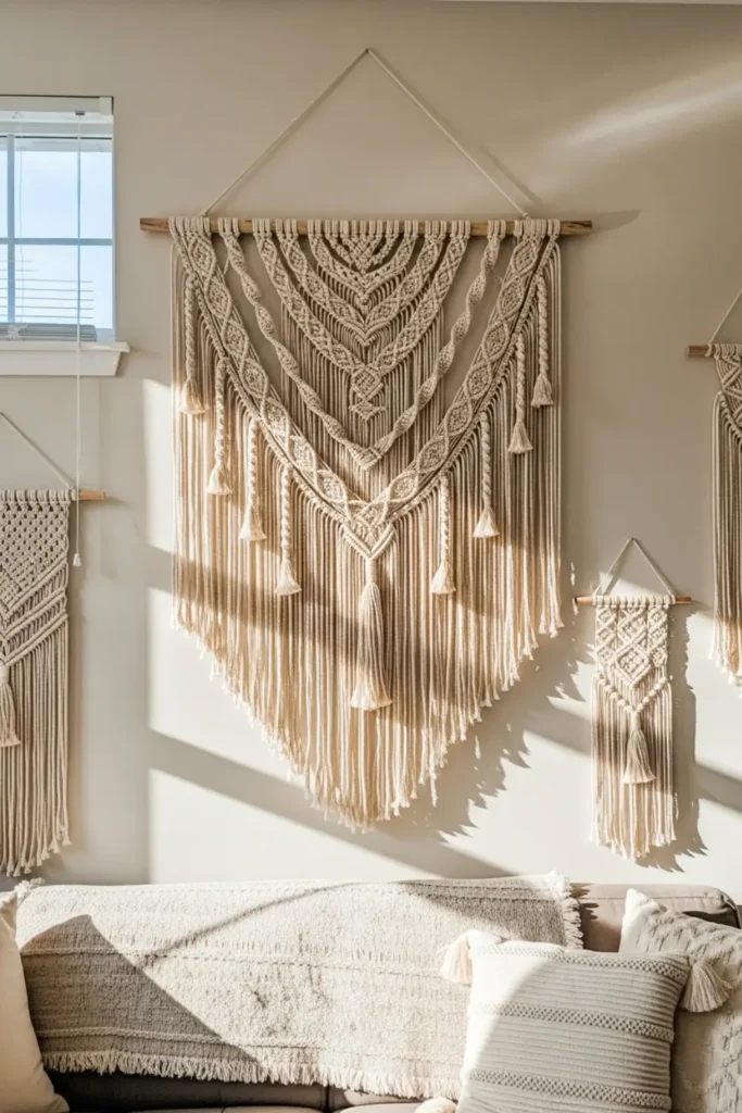 Cream macrame wall art adds bohemian warmth beautifully