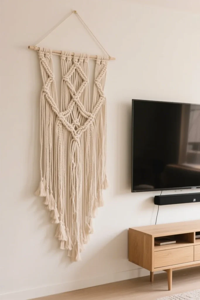 Cream macrame wall hanging softens modern TV setup