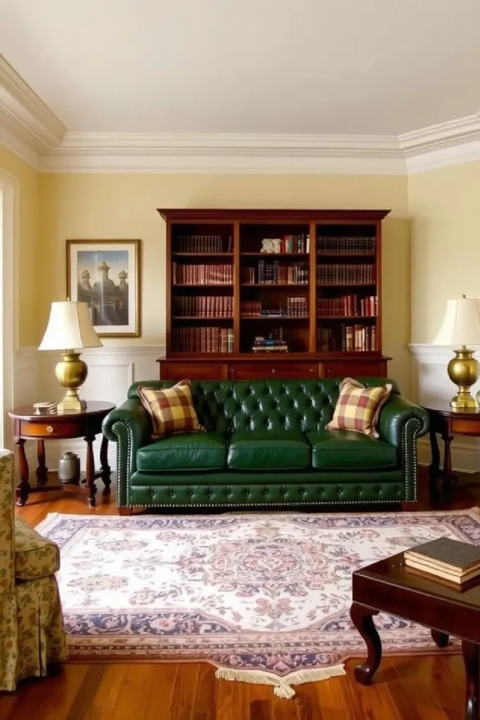 Hunter green leather sofa in classic elegant living room
