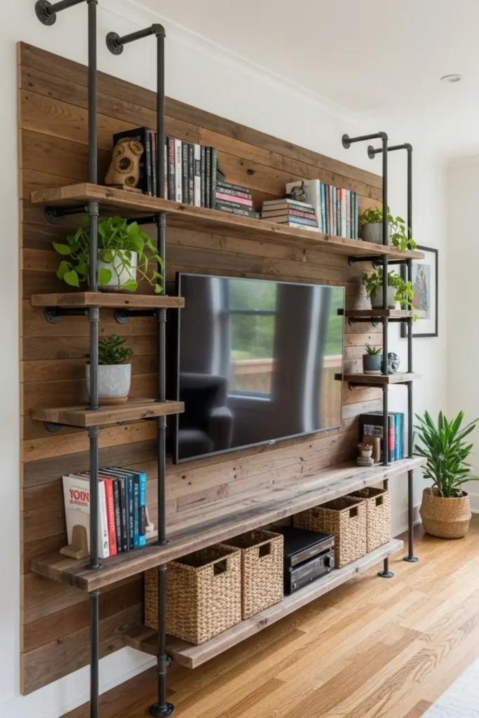 Black metal pipes frame wooden shelves with books and plants