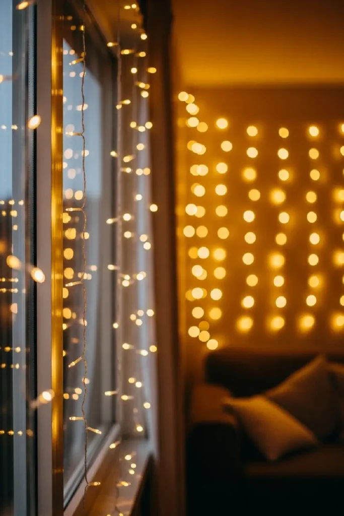 String lights cast a warm, cozy golden glow
