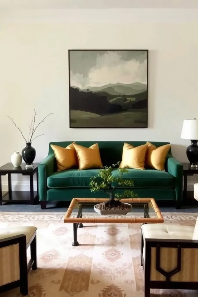 Jade green sofa with bamboo table and bonsai tree