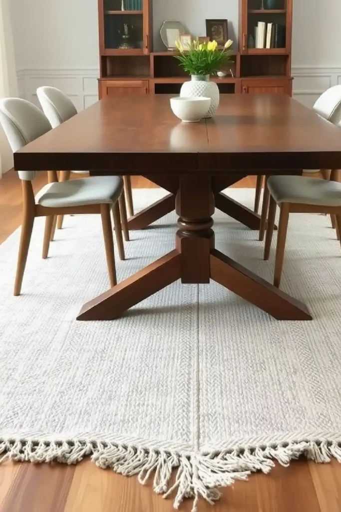 Soft patterned rug beneath wooden table