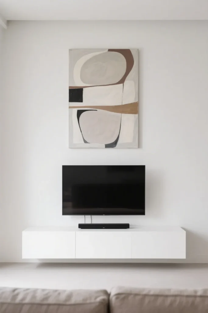 Large abstract painting hangs balanced above mounted TV