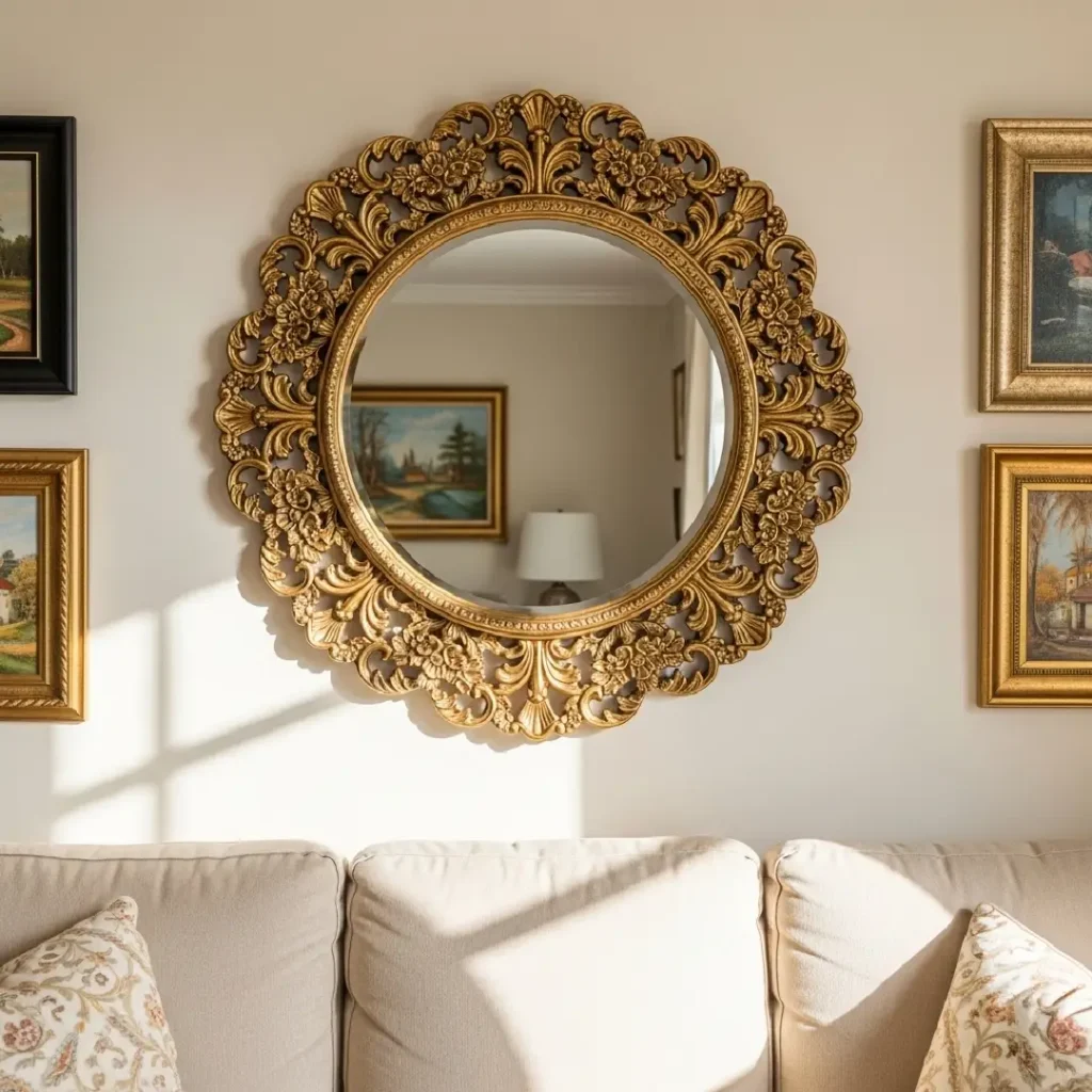 Round gold-framed mirror reflecting natural light