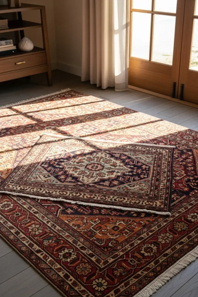 Layered rugs blend colors and textures for warmth